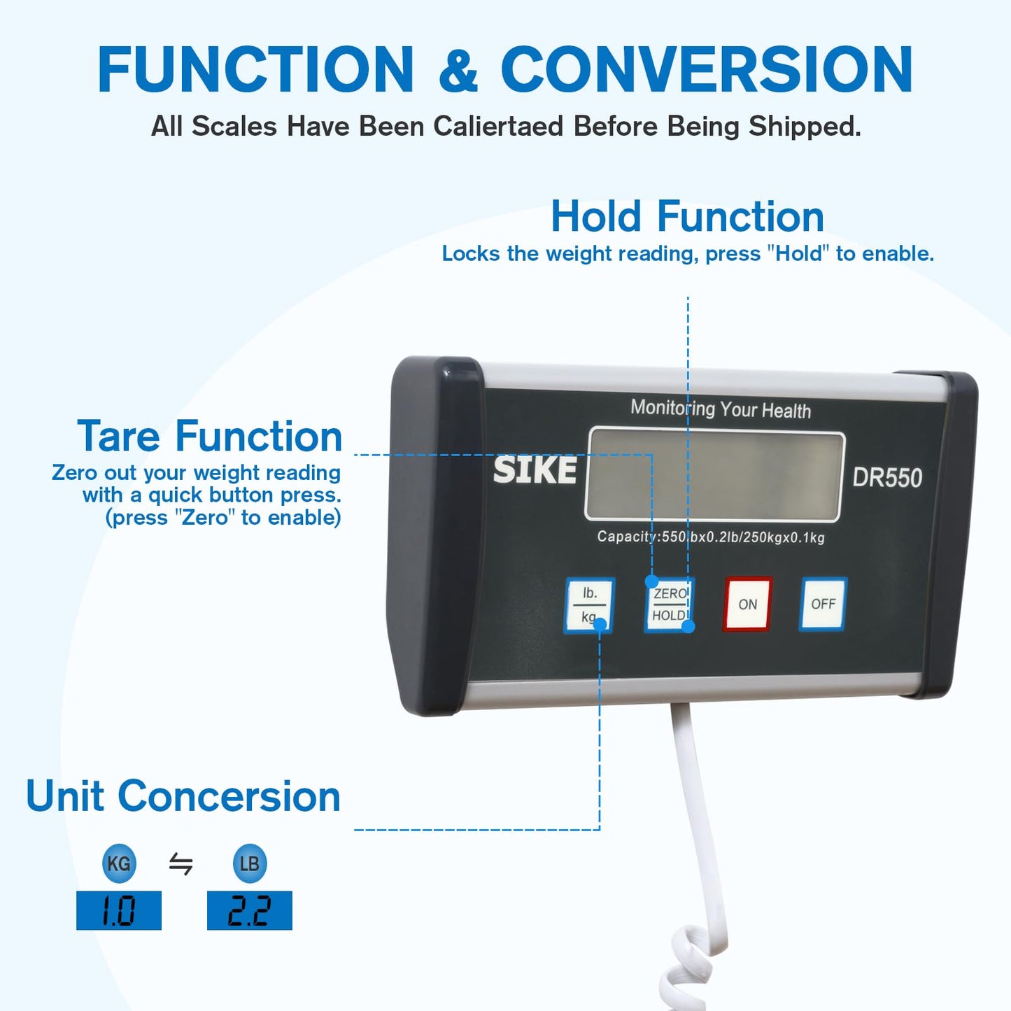 SIKE Digital Physician Scale, Medical Floor Scale for Body Weight, 550 lb Limit Professional Weight Scale, Portable Easy to Read Digital Display, Heavy Duty, Pound & KG Settings, 12.5" x 12" Platform