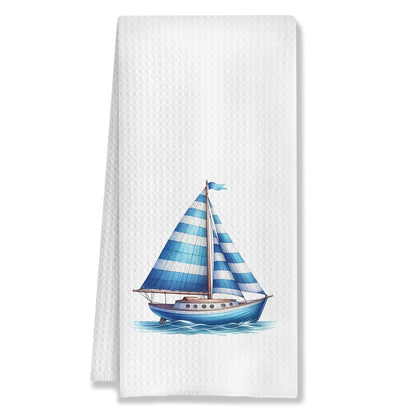 HUGANE Nautical Sailboat Kitchen Towels, Coastal Beach Hand Towels for Bathroom, Sailing Gifts for Women Men, Gifts for Boat Owners Sailors, Nautical Dish Towels, Boat Captain Gifts, 16x24 Inch