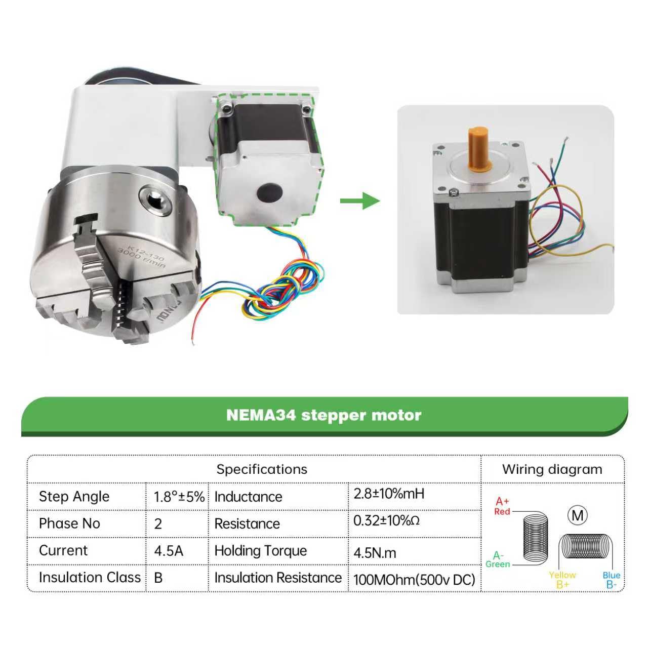 RATTMMOTOR K12-130mm CNC Router Table Rotary Milling Machine Rotational Axis A 4th Axis Through Hole 30MM, 4 Jaw Chuck Dividing Head Reducing Ratio 4:1, Nema34 Stepper Motor