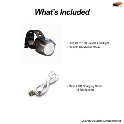 Cygolite Dice HL– 150 Lumen Bike Light– 6 Night & 2 Daytime Modes– Ultra Compact Design– IP64 Water Resistant– Sturdy Flexible Mount– USB Rechargeable Headlight - for Aero Road & Commuter Bicycles