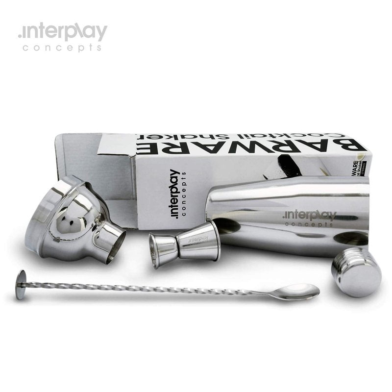 Interplay Concepts 25oz Cocktail Shaker - Large Drink Shaker for Perfect Drinks - Stainless Steel Martini Shaker with Built in Strainer, Jigger & Spoon - Professional Cocktail Shaker Set for Mixing