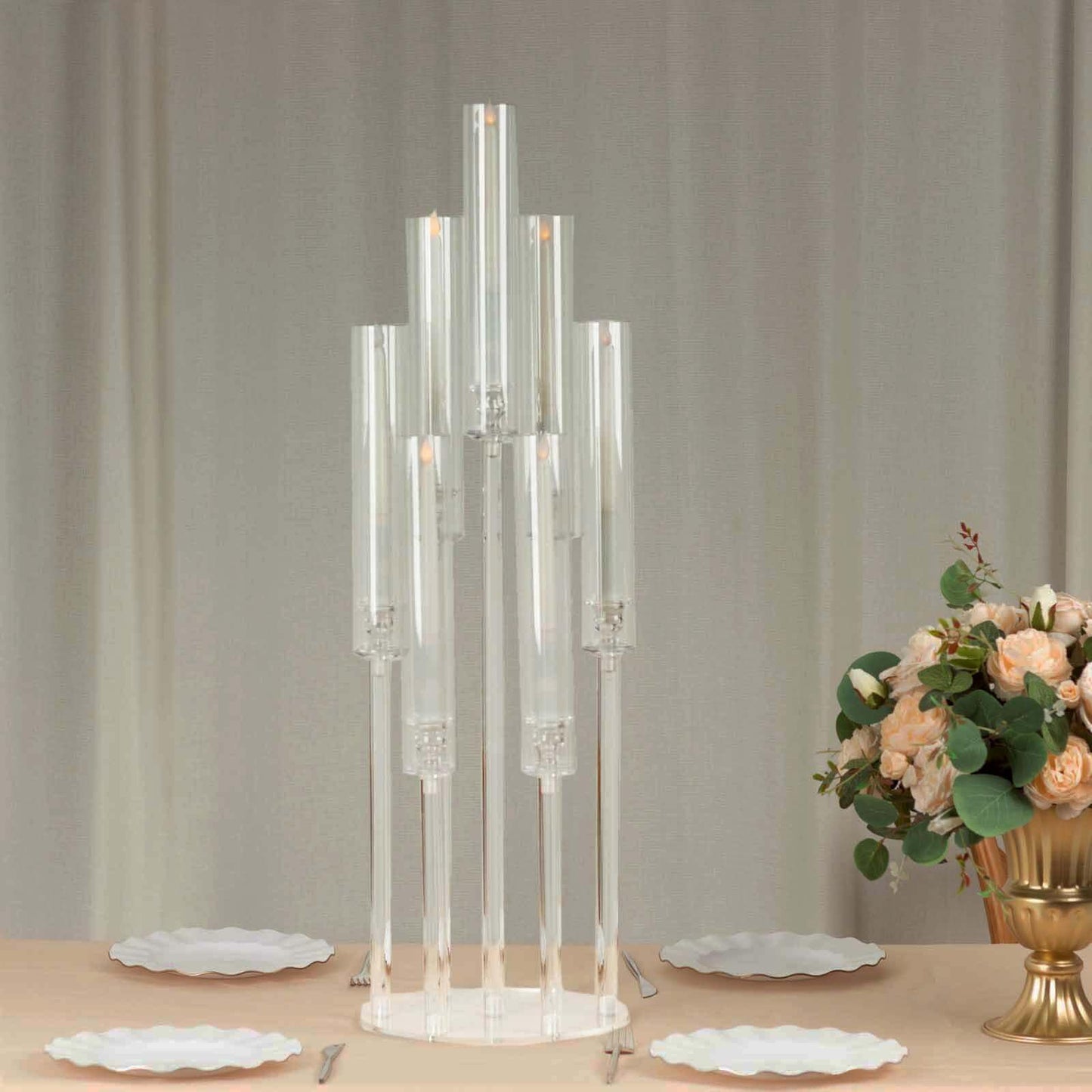 Efavormart 7 Arm Clear Acrylic Cluster Round Taper Candle Holder Candelabra, Pillar Candle Stick Stand with Circular Base - 33" Tall