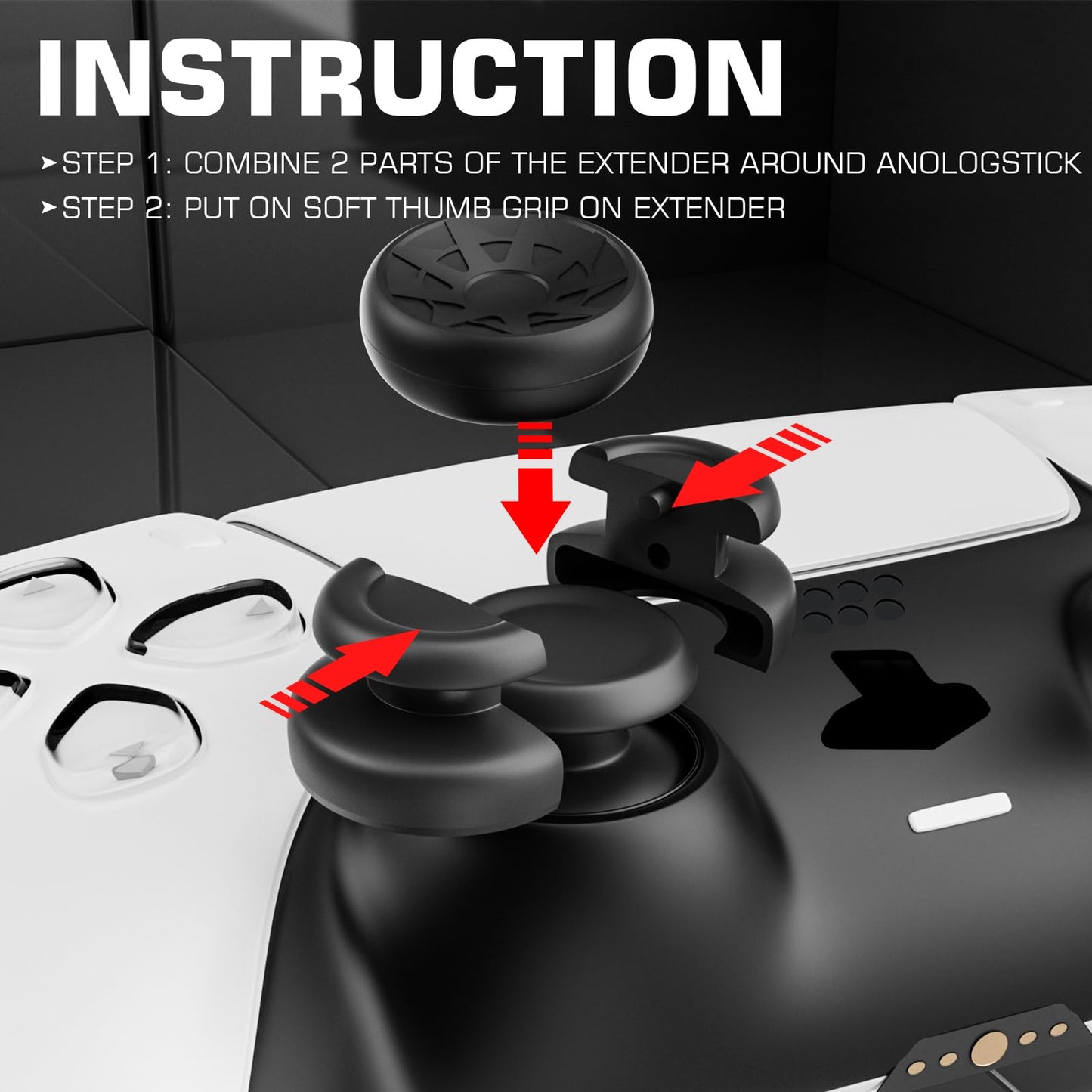 PlayRealm NO Falling Off Thumbstick Extender & Silicone Grip Cover 2 Sets for PS5 & PS4 Controller (Turbo Black)