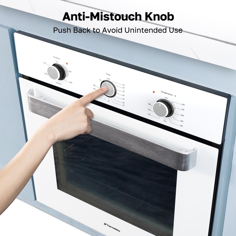 24" Single Wall Oven, ThermoMate 2.8 Cu.ft. Electric Wall Oven with 5 Cooking Functions, White Built-in Ovens with Mechanical Knobs Control, ETL Certified