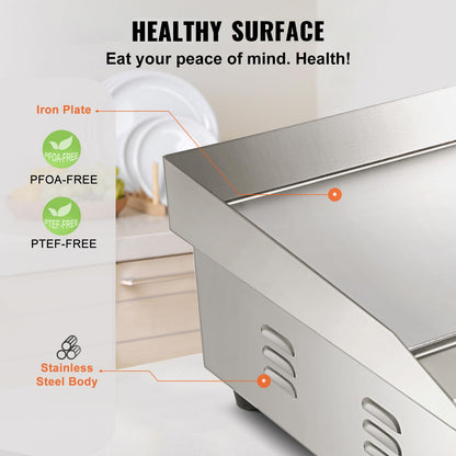 VEVOR Commercial Electric Griddle, 22", 1600W Countertop Flat Top Griddle, Stainless Steel Teppanyaki Grill w/Iron Cooking Plate, 122-572℉ Adjustable Temp Control 2 Shovels & Brushes, 110V