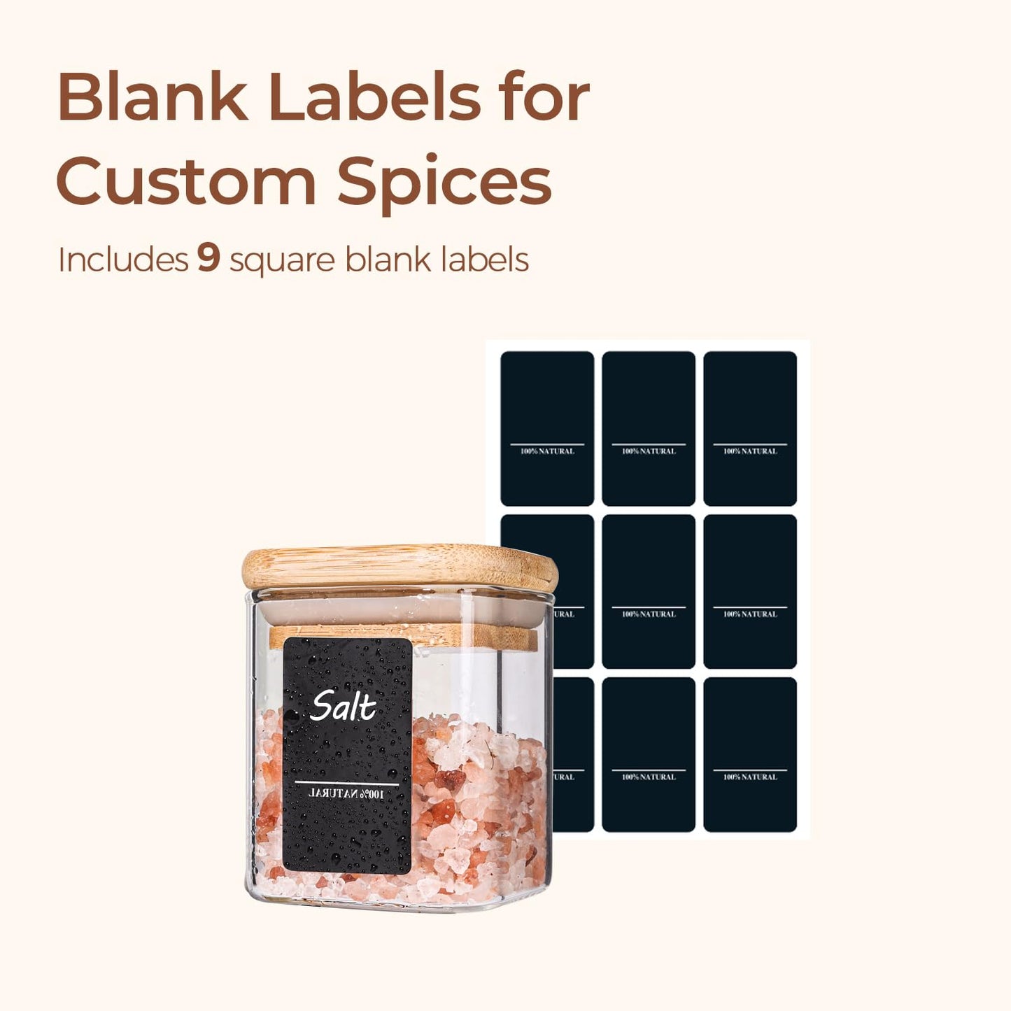 ComSaf 16Pcs Glass Spice Jars with Bamboo Lid, 4oz Airtight Square Spice Containers with 275 Black Lables, Empty Seasoning Jars for Spice Salt Sugar