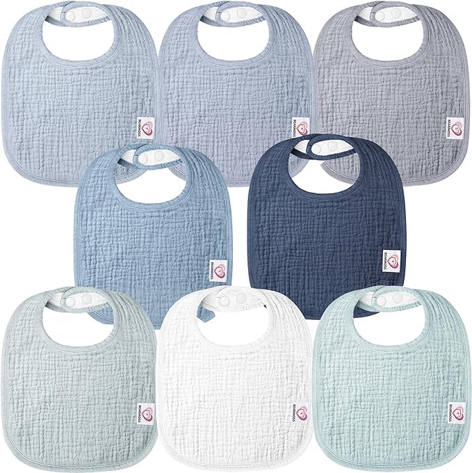 Bearmoss Muslin Baby Drooling Bibs 8 Pack, 100% Cotton Square Adjustable Bandana Bibs Gift for Baby Girls Boys Teething Drool (Mint Iceberg)