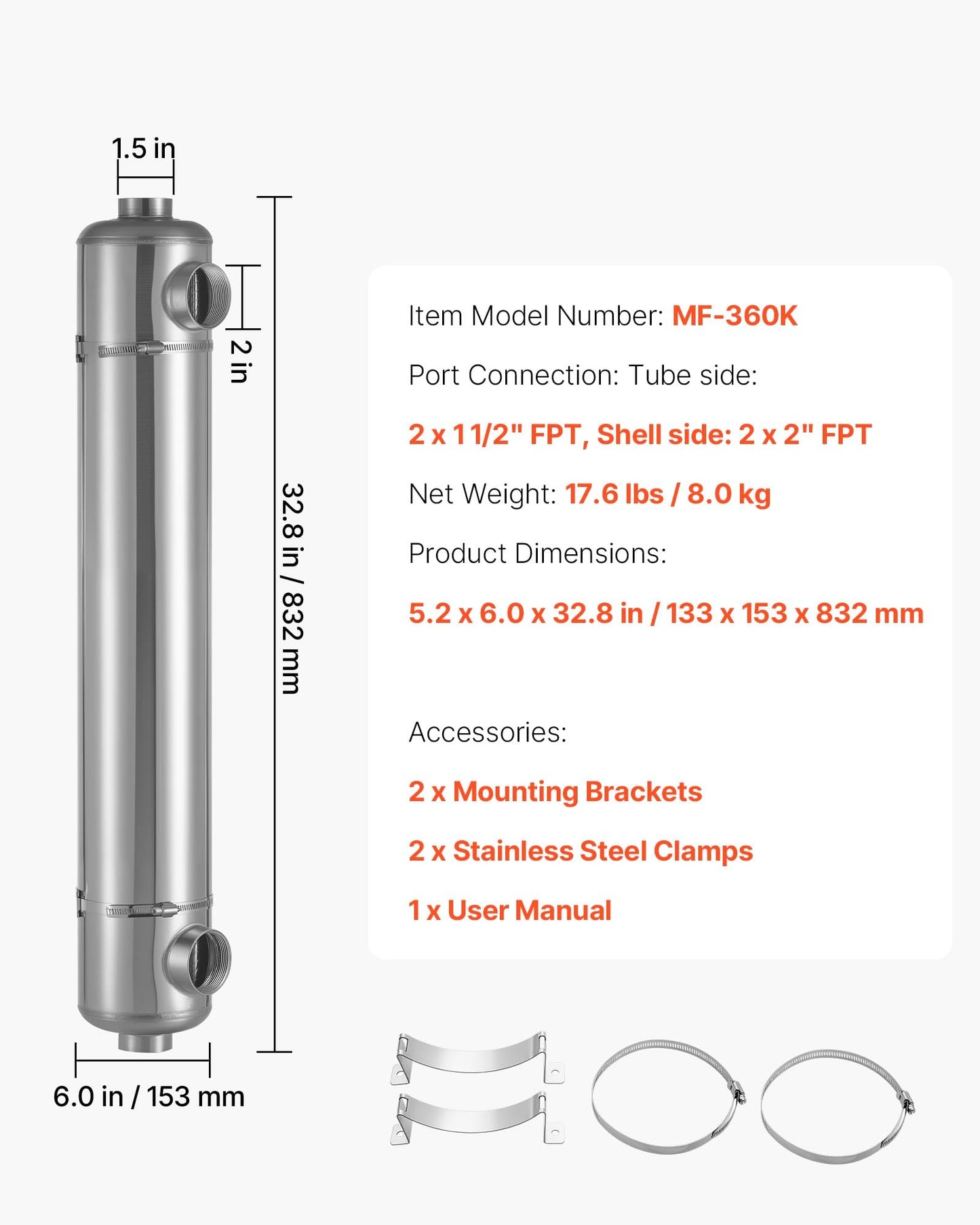 VEVOR Pool Heat Exchanger, 360K BTU Swimming Pool Heater Exchanger, 316L Stainless Steel Construction, High Efficiency Water to Water Transfer Heating System for Spa, Hot Tub, Indoor/Outdoor, Silver