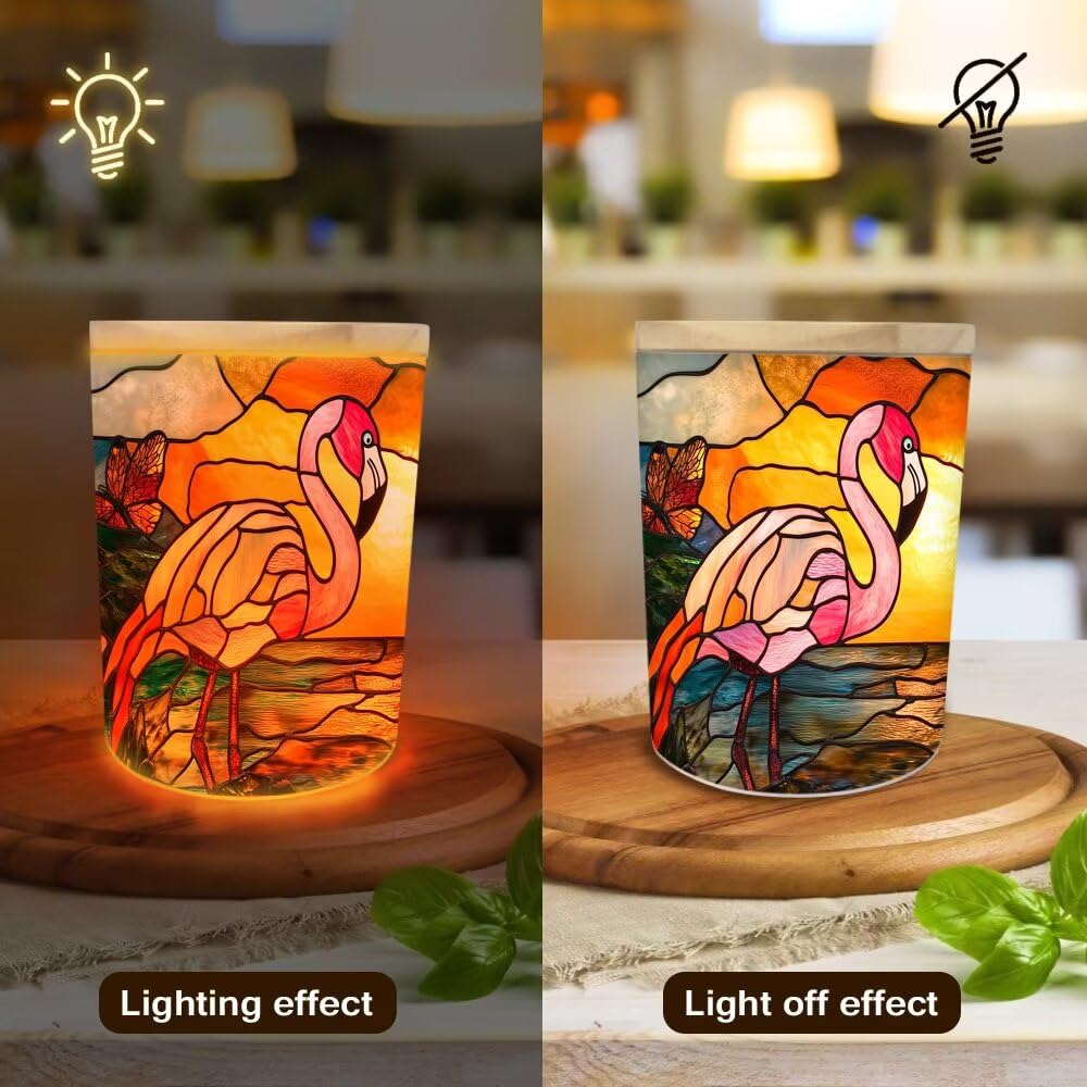Stained Glass Flamingos Tea Light Candle Holders, Beach Butterfly Tealight Candle Holder Jar with Wooden Lid, Votive Candlesticks for Table Centerpieces, Christmas,Birthday Party,Home Decor