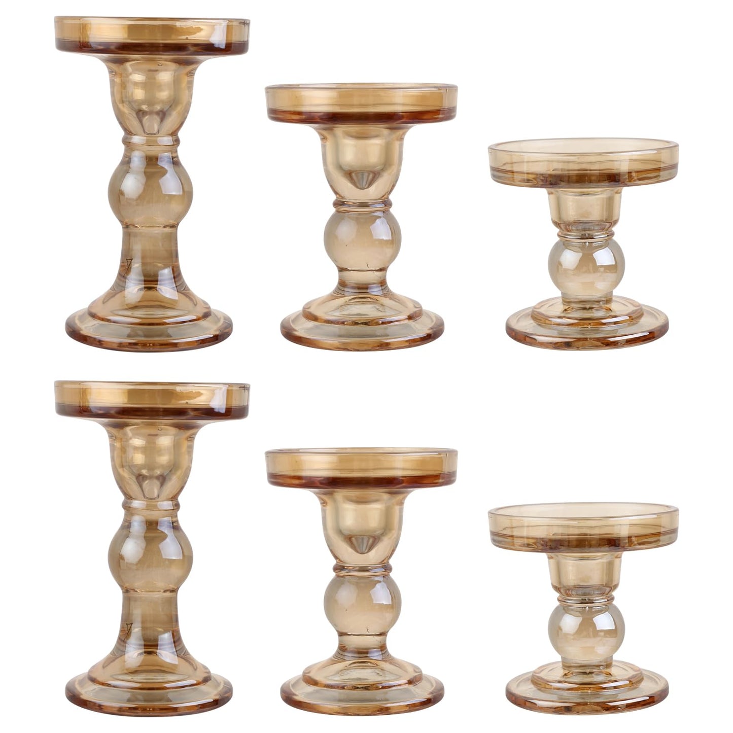 BTGLLAS 6-Piece Set of Amber Glass Candlestick, Crystal Candlestick Holder Holder and Conical Candle, Christmas Candle Holder Decoration, Family Living Room Wedding Candle Holder (Amber 2sets)