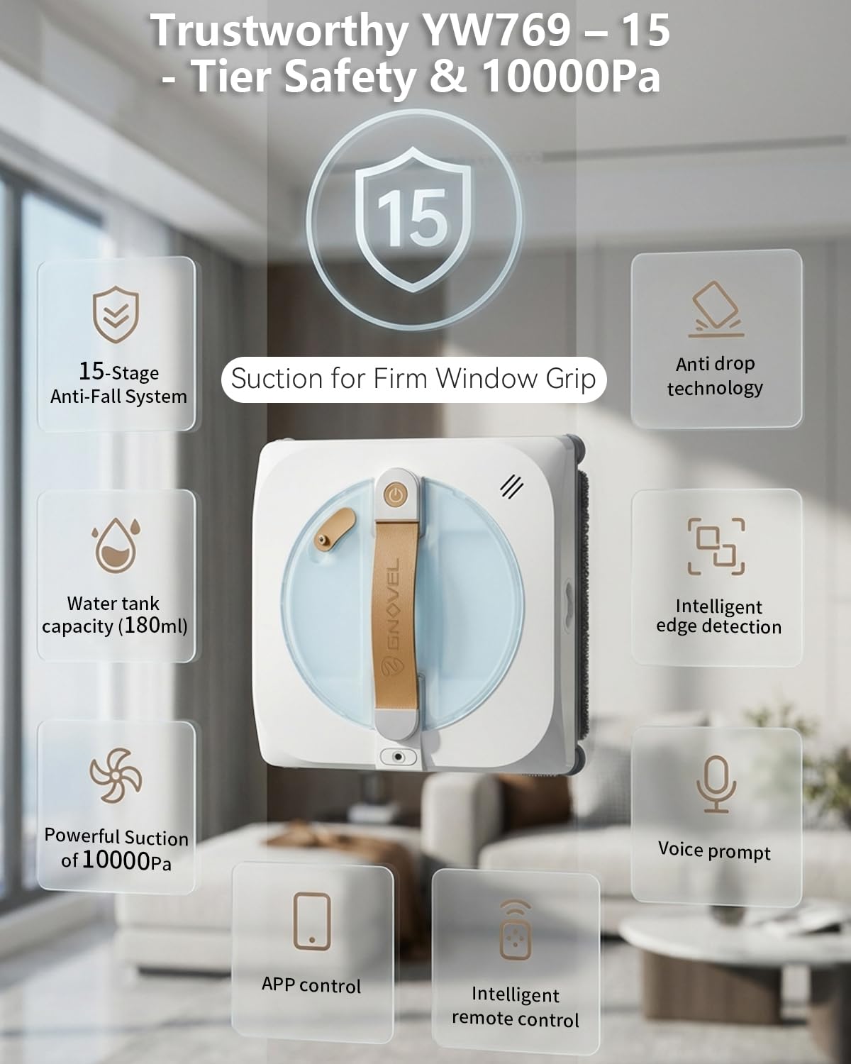 GNOVEL Upgraded Window Cleaning Robot, 10000Pa Strong Suction, 15-Stage Anti-Fall, Smart Path Planning, Edge Detection, App & Remote Control, Automatic Glass Cleaner for High Rise Windows, Glass, Tile