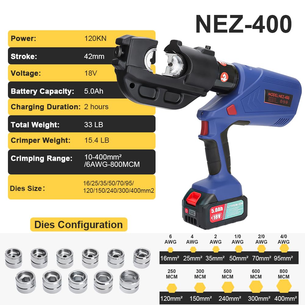 aienvh Electric Hydraulic Cable Crimping Tool 12 Ton, with Digital Display, Suitable for Wires and Copper/Aluminum Terminals, Includes 11 Sets of Dies and 2 Rechargeable 5.0A Batteries
