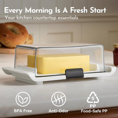 Butter Dish with Lid, IKOCO Large Butter Dish with Knife for Countertop and Refrigerator, Plastic Butter Holder Container Tray for 2 Sticks Butter, White