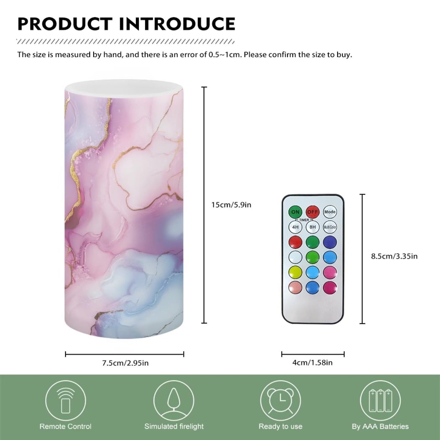 Merkmak 1 Pack Pink Blue Marble Flickering Flameless Candles Battery Operated with Remote and Timer LED Pillar Candles Bulk for Camping, Weddings, Lanterns, Home Decoration