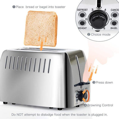 prepAmeal Toaster 2 Slice Stainless Steel Bagel Toaster Extra Wide Slots with 6 Browning Setting, Bagel/Reheat/Defrost/Cancel Function for Toasting Bread, Bagels and Waffles, 750W, Silver