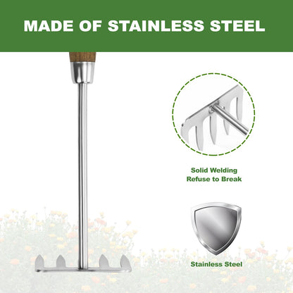 Haliaeetus Hand Rake Garden Tool, Stainless Steel Small Rake for Raking Leaves in Flower Beds, 5 Tines Hand Tiller Make Loosening Soil A Snap, Hand Cultivator with Comfortable Handle for Quick Weeding