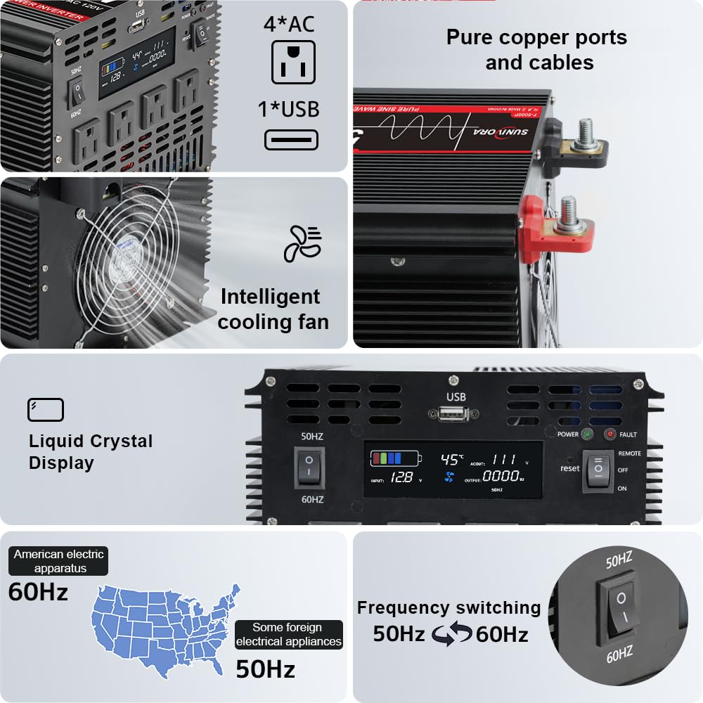 5000 Watt Pure Sine Wave Power Inverter, 12V DC to 110V/120V AC Converter 10000W Peak, with Remote Control LCD, 4 AC Outlets & USB Port & Hardwire Terminal, for Car Truck RV Camping Solar System EPS