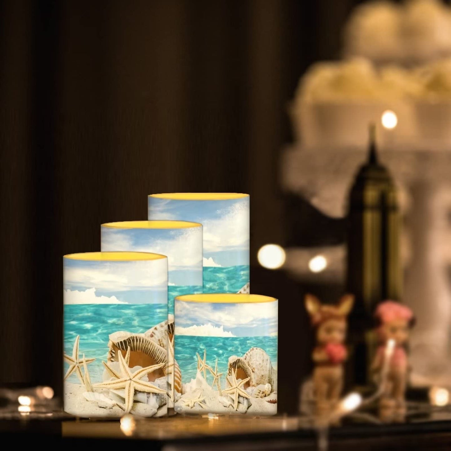 NETILGEN LED Flickering Candles Battery Operated Candles Set of 4 with Remote Control Timer Dancing Flame Pillar Candles Home Table Coastal Decoration, Beach Sky with Starfish