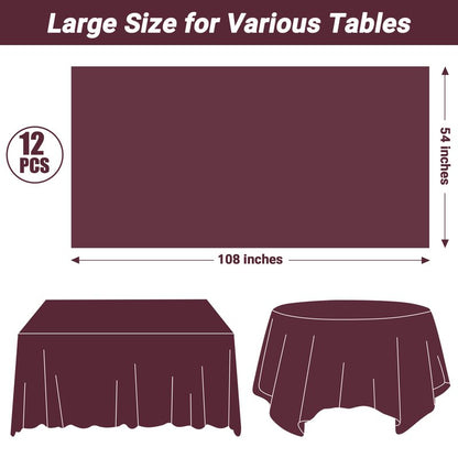 QZYL 12 PCS Wine Plastic Tablecloths, 54 in x 108 in Dinner Table Cloths, Rectangle Table Cover for Birthday Party Family Gathering Wedding