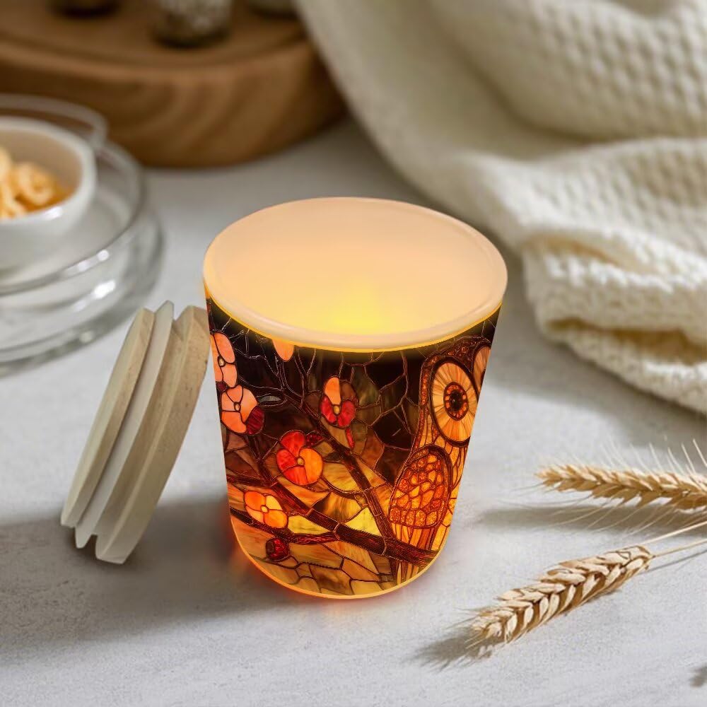 Stained Glass Owls Tea Light Candle Holders, Spring Blossoms Tealight Candle Holder Jar with Wooden Lid, Votive Candlesticks for Table Centerpieces, Christmas,Birthday Party,Home Decor