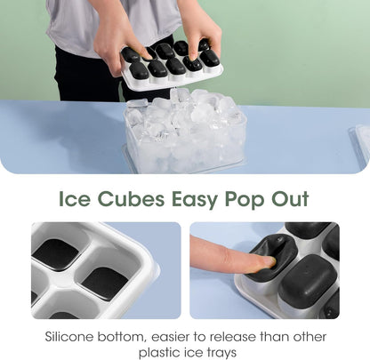 DOQAUS Ice Cube Tray with Lid and Bin, 4 Pack Silicone Plastic Ice Cubes Trays for Freezer with Box/Container, Stackable with Storage Iced Bucket Kits, Scoop, for Baby Food, Cocktail, Coffee