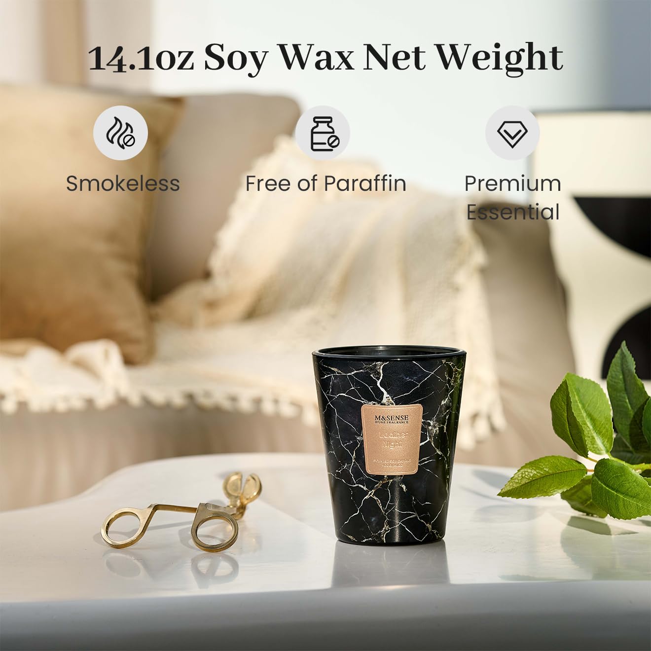 M&SENSE Leather Night Scented Soy Candle, 3 Wick Highly Scented 14.1 Oz 75H, Aromatherapy Christmas Gift for Women and Men