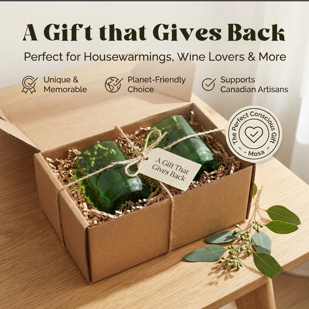 Mosa Wine Bottle Drinking Glasses (230ml, 7.7oz, Set of 2) – Upcycled Stemless Glassware for Wine, Cocktails & Everyday Use | Eco-Friendly Sustainable Drinking Glasses (Green)