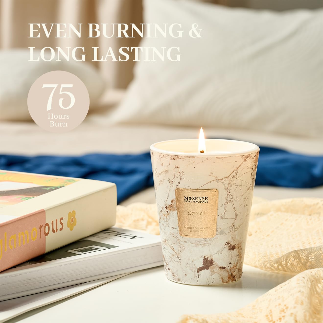 M&SENSE Santal Scented Soy Candle, 3 Wick Highly Scented 14.1 Oz 75H, Aromatherapy Christmas Gift for Women and Men