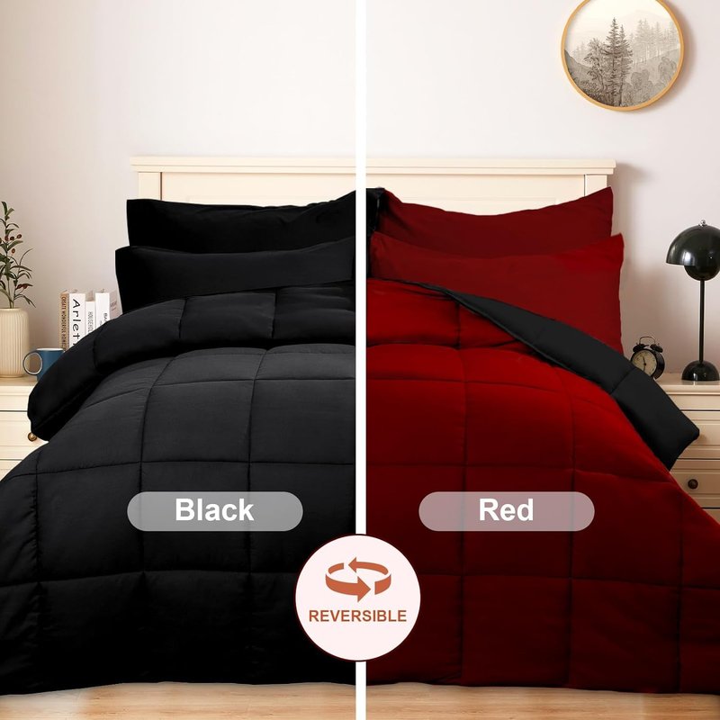 COZYART King Comforter Set 7 Pcs, Red Bed in a Bag, All Season Lightweight Soft Reversible Bedding Sets, 1 Comforter, 1 Flat Sheet, 1 Fitted Sheet, 2 Pillow Shams, 2 Pillowcases