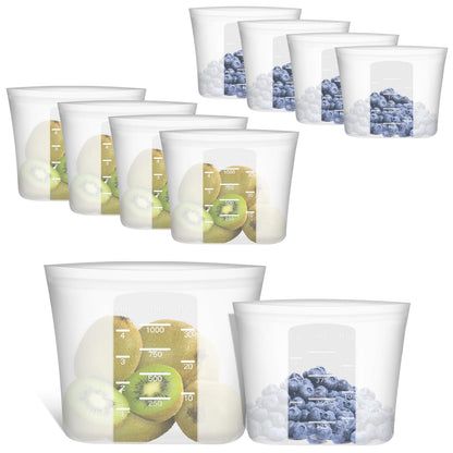 Reusable Food Bags, 12 Pack 100% Silicone Food Storage Bags Stand Up Zip Lock Container, Freezer Microwave Oven Dishwasher Safe, 4 Medium 4 Small 4 Extra Small, Aqua