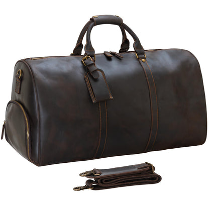 Leather Duffle Bags for Men with Shoe Compartment – 23.6" x 12.6" x 11" Travel Bag, Gym Bag, Also Suitable for Crossbody or Shoulder Carry, Dark Brown Large Size