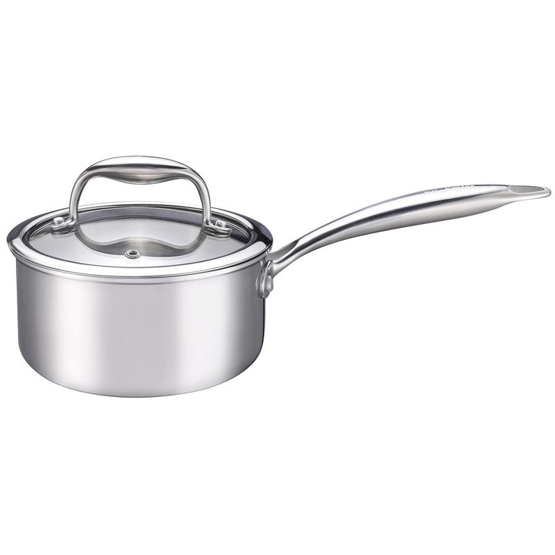 KC-Emier 1-Quart Saucepan with Lid, Tri-Ply Stainless Steel Pot with Stay-Cool Handle & All Cooktop Compatibility (Gas, Ceramic, Electric) - Silver
