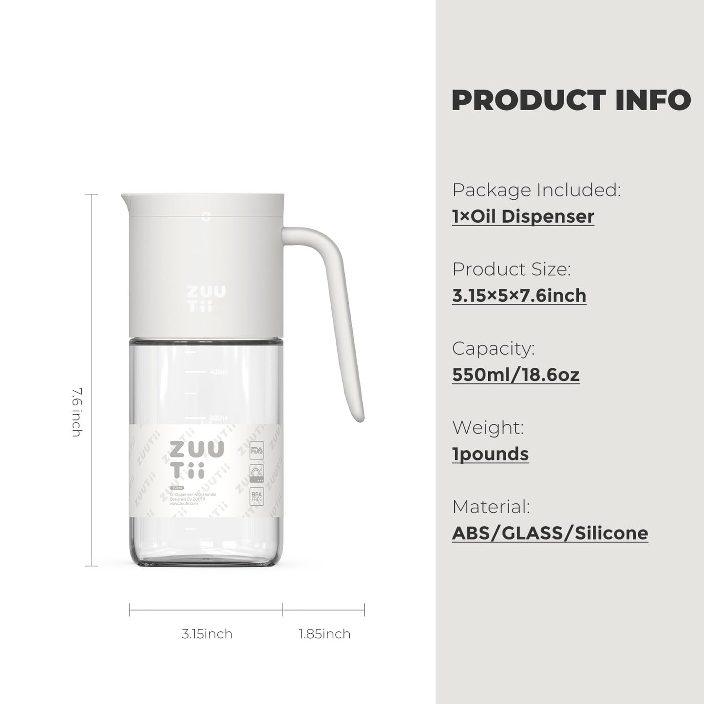 Zuutii Olive Oil Dispenser Bottle 18.6oz – Auto Flip Glass Vinegar Bottle with No-Drip Spout for Kitchen Cooking, Oil and Sauce Dispenser, Light Cream