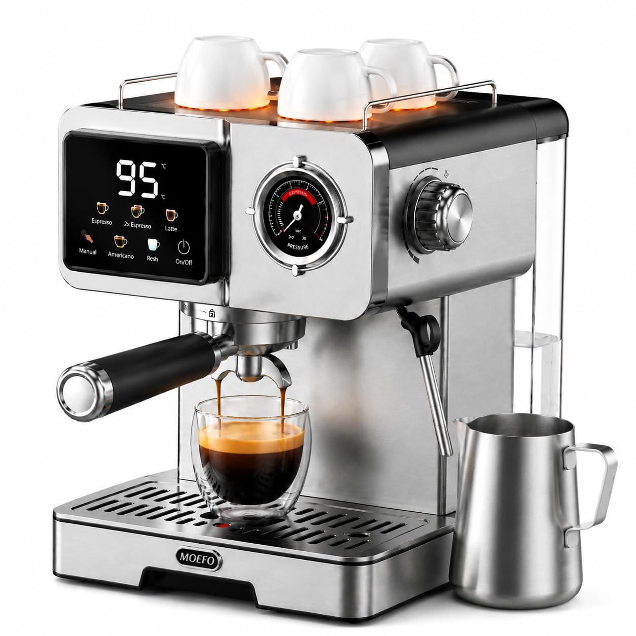 MOEFO 58mm Espresso Machine with Milk Frother, 20 Bar Semi-Automatic Coffee Maker, Visual Pressure Gauge & Touchscreen LCD Display, Professional Home Espresso Machine for Latte & Cappuccino, Silver