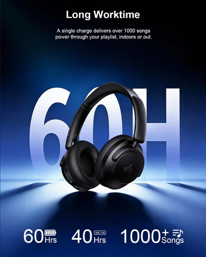 Hybrid Active Noise Cancelling Headphones, Over-Ear Bluetooth Headphone with Hi-Res Audio, 60H Playtime, Deep Bass, Transparency Mode, Foldable Comfort Ear Cups, Ideal gift for Travel Office - Black