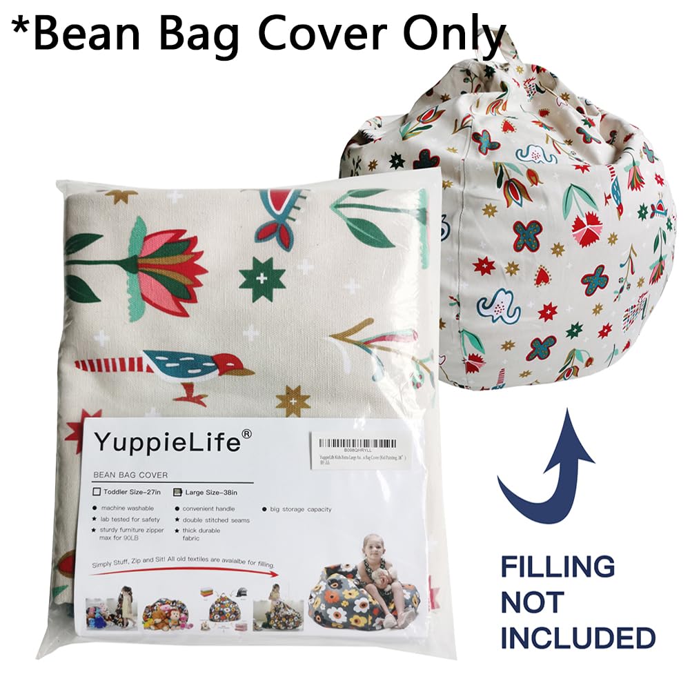 YuppieLife Stuffed Animal Storage Bean Bag Chairs Canvas Cover for Kids(No Filling)/Machine Washable and Durable Toddler Bean Bag Sofa Cover for Room Decor (Kid Painting, 38”)