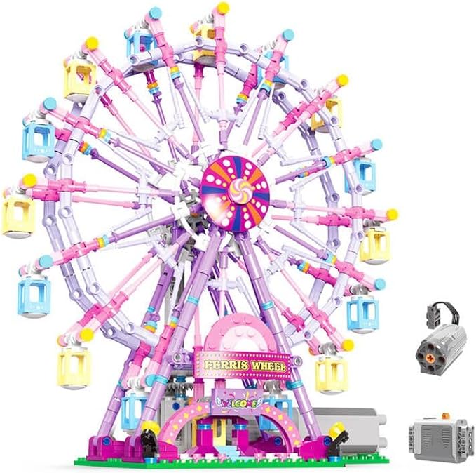 Rotating Ferris Wheel Building Blocks Kitwith Lights Amusement Park Building Construction Toys Set for 6+ Year Boys.Girls.Adult(870 Pieces) Pink