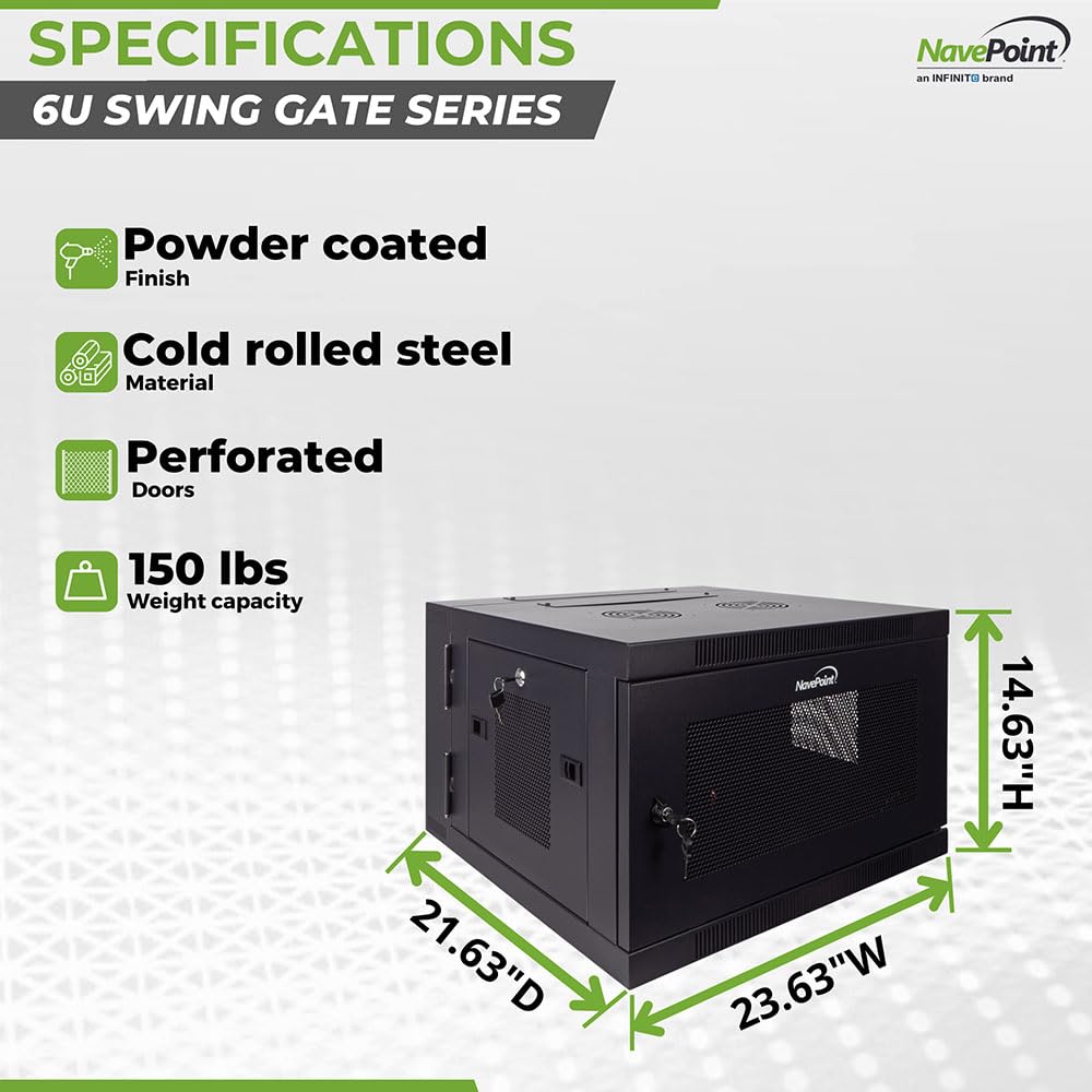 NavePoint 6U Server Cabinet with Hinged Back - 17.7” Deep, Server Rack Enclosure with Locking Perforated Door, Wall Mount Rack with Removable Side Panels, Network Cabinet, Pre-Assembled