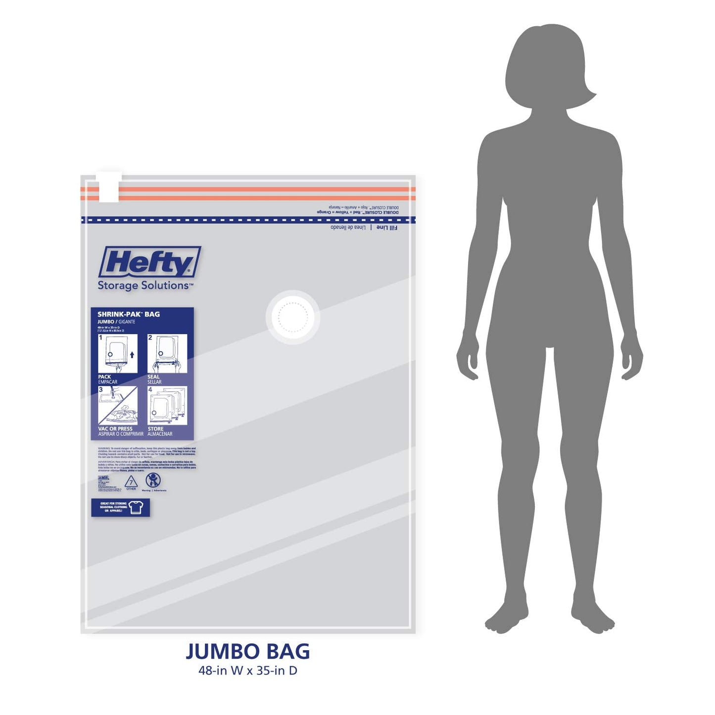 Hefty Shrink-Pak Vacuum Storage Bags - Space Saver for Under Bed Storage, Clothing and Comforters, Odor Resistant, 3X More Storage Space - 3 Jumbo Bags