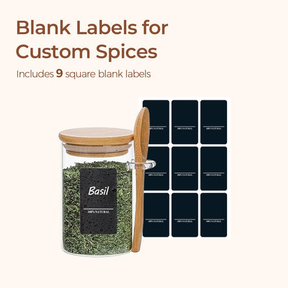 ComSaf 16Pcs Glass Spice Jars with Bamboo Lid, 4oz Airtight Square Spice Containers with 275 Black Lables, Empty Seasoning Jars for Spice Salt Sugar