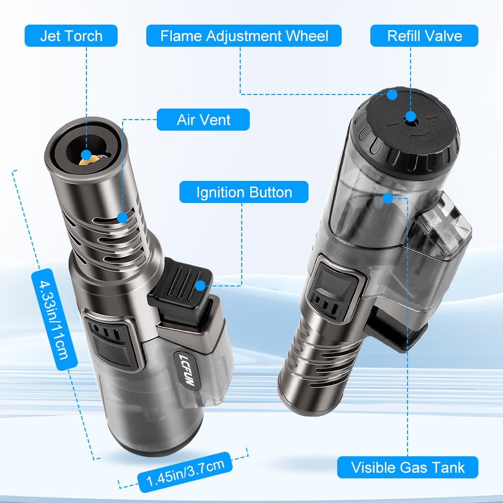 LcFun Torch Lighter 2 Pack Windproof Adjustable Single Jet Flame Butane Lighter Refillable Gas Lighter for Candle Camping Grill BBQ Fireplace (Butane Not Included)