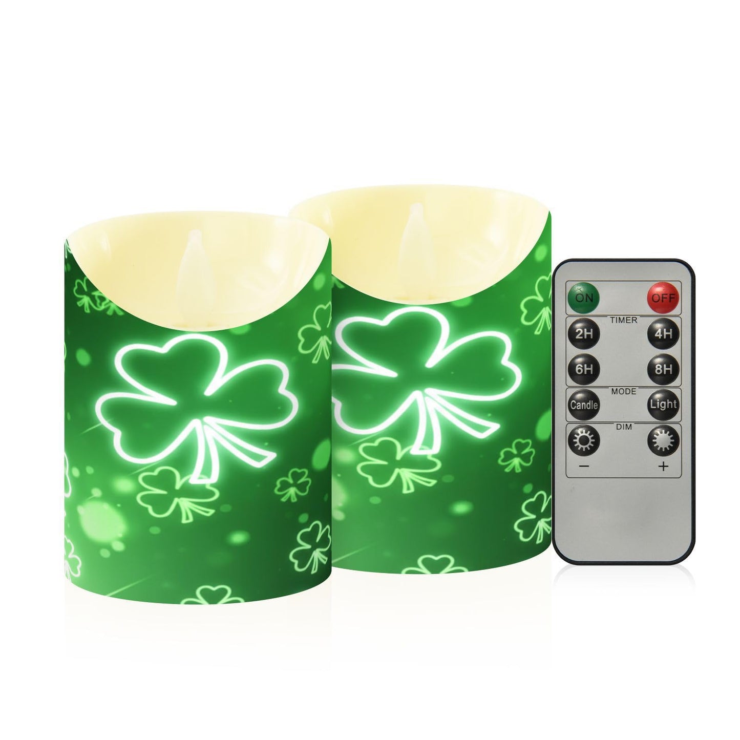 St. Patrick's Day Flameless Candles Set of 2 Green Clover Shamrock G Realistic LED Candles with Remote Battery Operated Holiday Decorations
