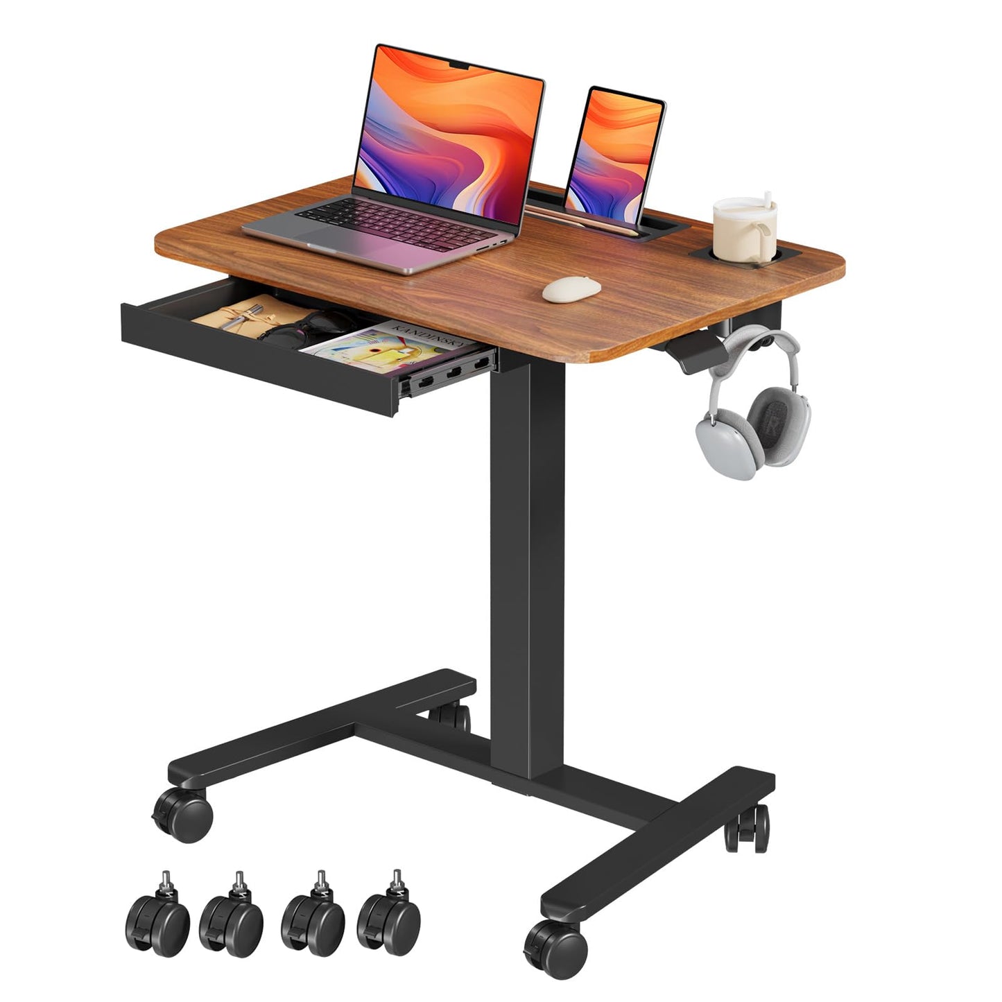 JYLH JOYSEEKER Mobile Standing Desk, 28" Height Adjustable Rolling Desk with Lockable Stem Casters, Dark Wood