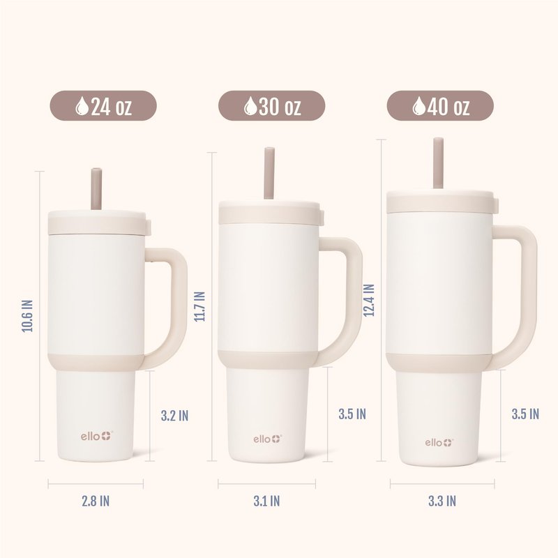Ello Oasis 24 oz Tumbler with Handle & Retracting Straw | Reusable Insulated Stainless Steel Cup 100% Leakproof, Gifts for Teens Women Men | Keeps cold for 24 Hours, Cup Holder Friendly, Cream Tonal