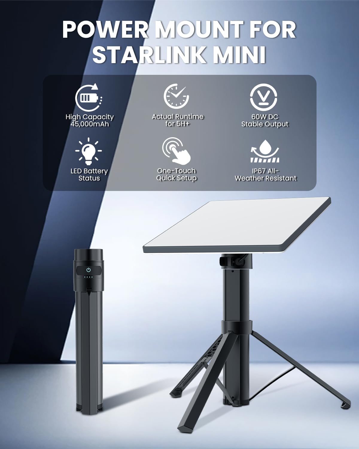 Starlink Mini Battery Pack 166Wh 45000mAh with Tripod Mount, Charger, 6H Runtime, 60W USB-C PD Fast Charge in/Out, Pass-Through Charging, RV Outdoor Off-Grid Emergency Power