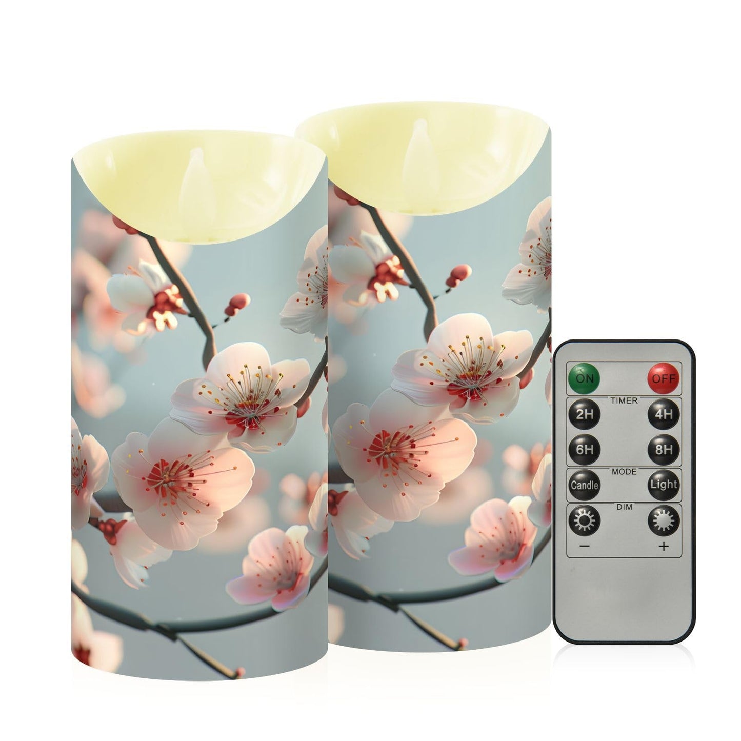 ALAZA Spring Pink White Flower Branches Flickering Flameless Candles Battery Operated with Remote Timer,Tea Light Candles LED Pillar Votive Set of 2 for Outdoor Indoor Decorations 3" x3.9"
