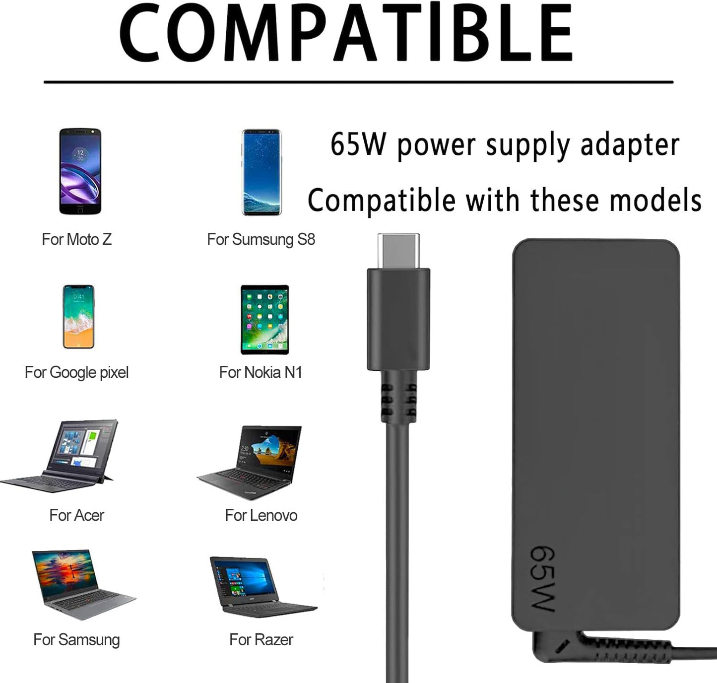 Dzytnsy USB-C 65W 45W AC Replacement Charger Compatible with Lenovo ThinkPad T480 T490 T580 ADLX65YDC2A ADLX65YLC2D ADLX65YDC3A ADLX65YDC2D chromebook 2nd Gen S330 65W Laptop Power Supply Adapter Cord