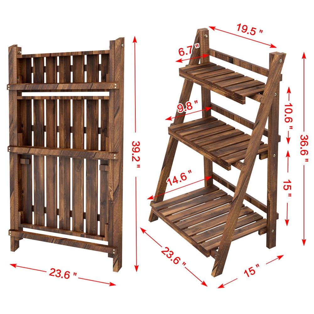 Yaheetech Folding Plant Stand Wooden Foldable Plant Shelf 3-Tier Flower Pot Stand Plants Display Shelf Rack Ladder Garden Indoors Outdoors 23.6 x 15 x 36.6in