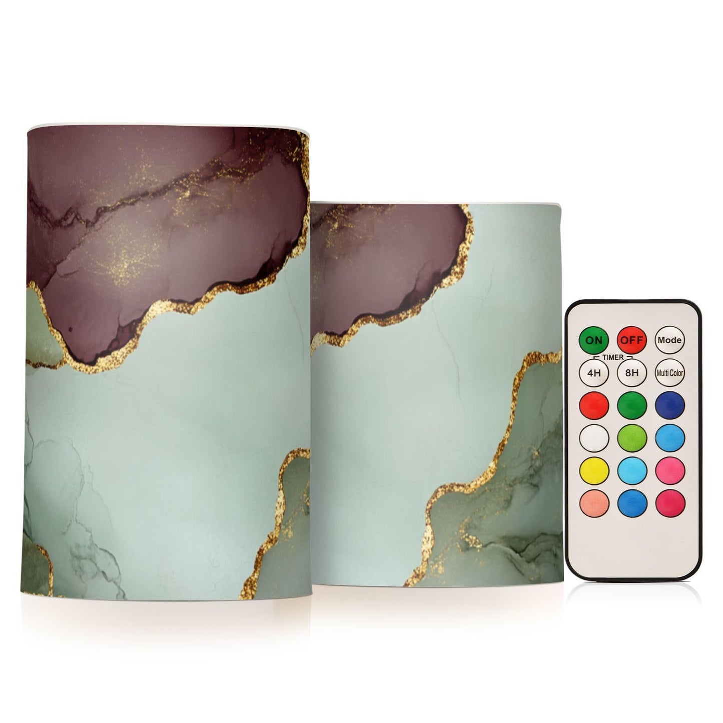 famyily Marble Sage Green Burgundy Flameless Candles Led Candles with Color Changing for Dining Room Table 4" 5" Set of 2