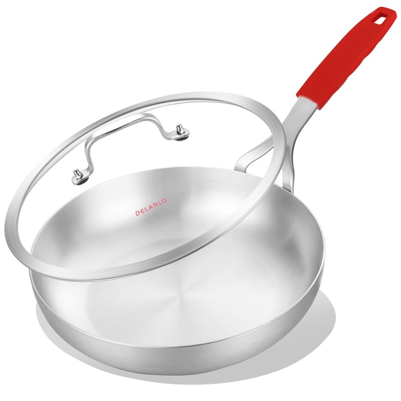 DELARLO 10inch Tri-Ply Stainless Steel Pan with lid, Induction Stainless Steel Frying Pan With Lid, Oven Safe Skillet 10in, Heat quickly and evenly, Durable Stainless Steel Cookware
